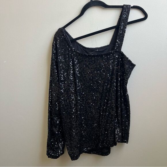 NWT Cable & Gauge Formal Sequin One Shoulder Top Black Blouse Women's Size XL - Picture 2 of 5